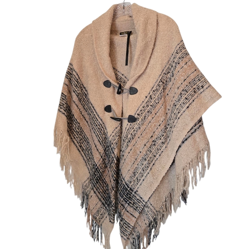 Mixit Beige and Black Fringed Poncho